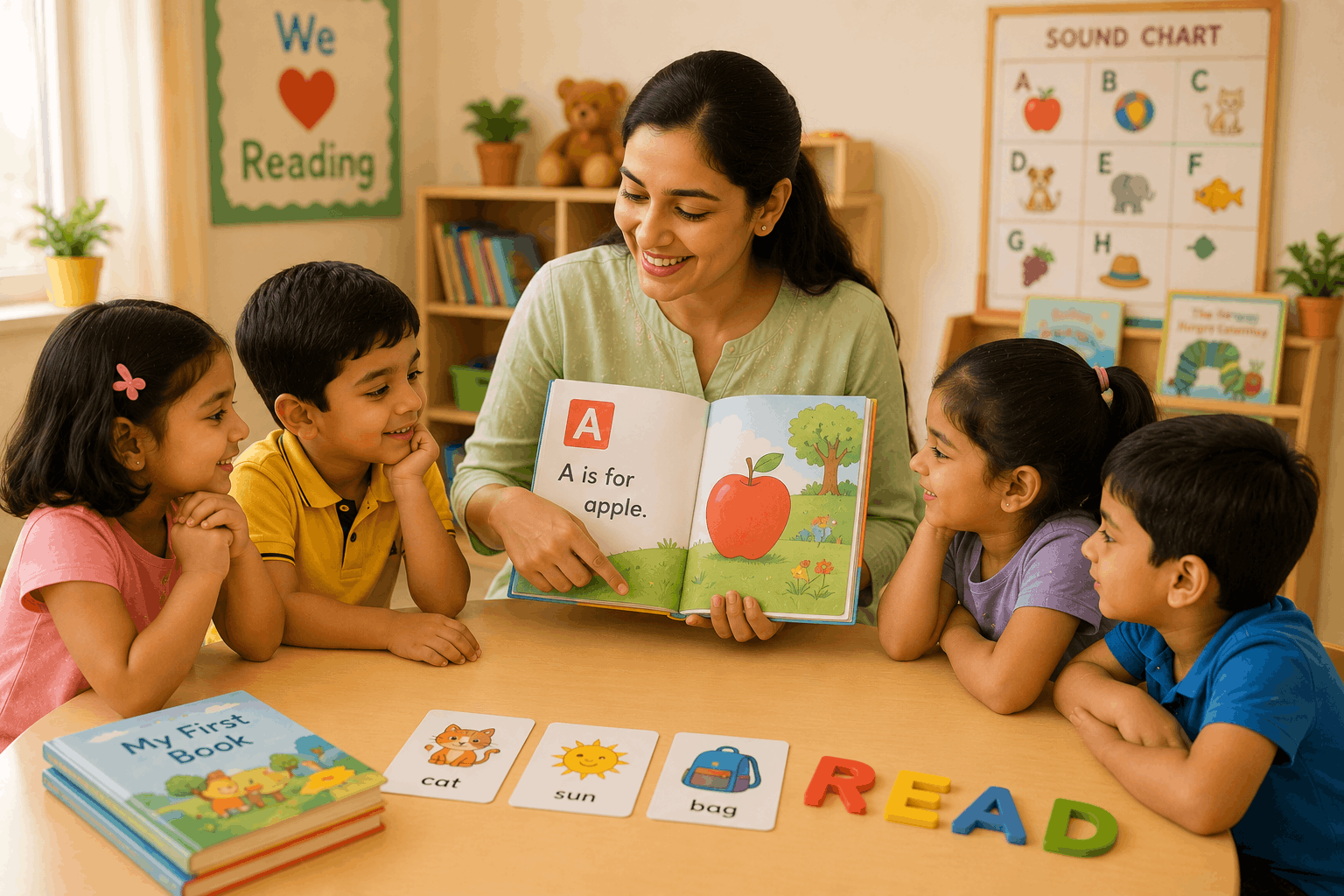 A Class 1 child practising reading with picture books