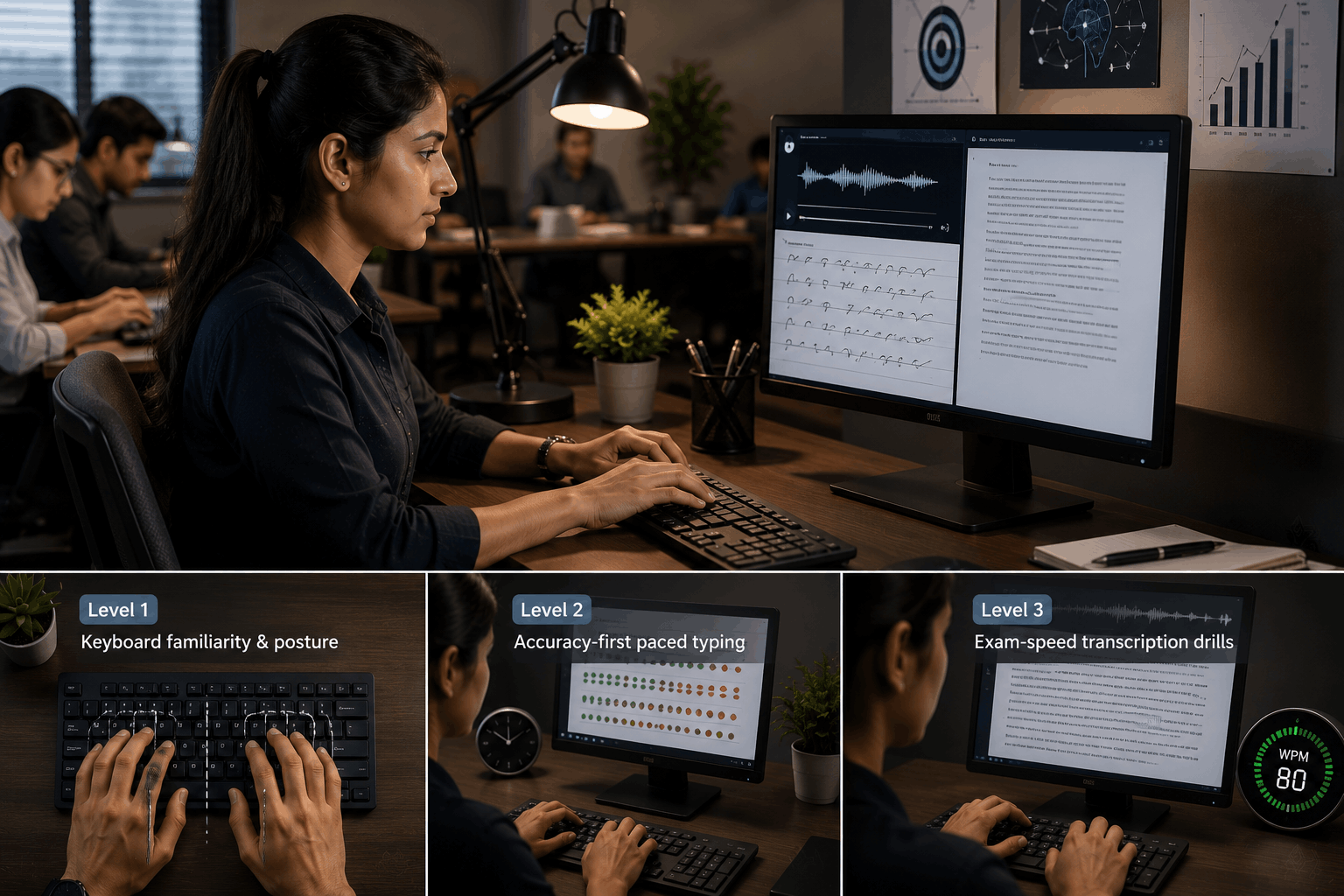 Close-up of hands typing on a keyboard during practice