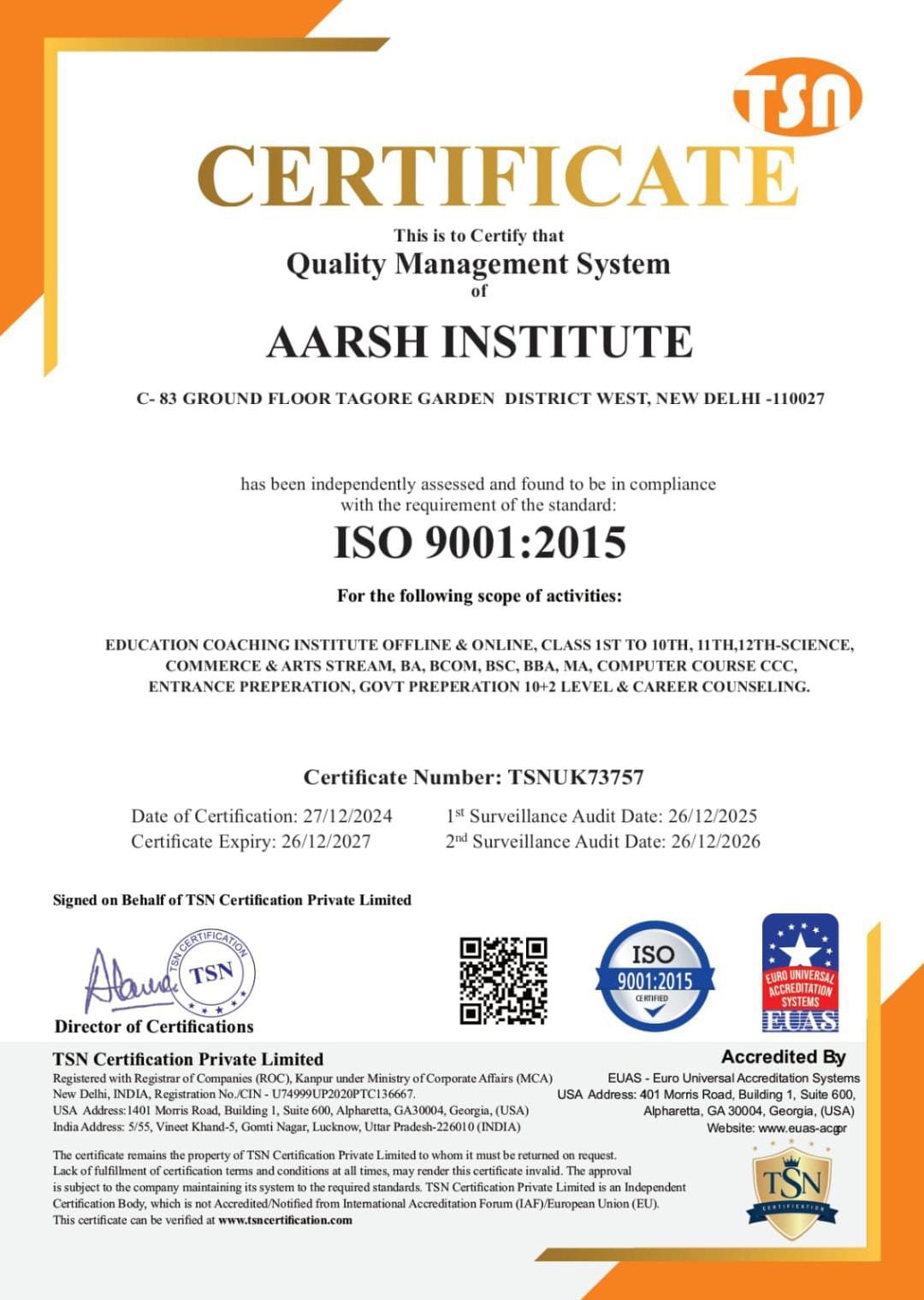 Aarsh Institute ISO 9001:2015 Certificate